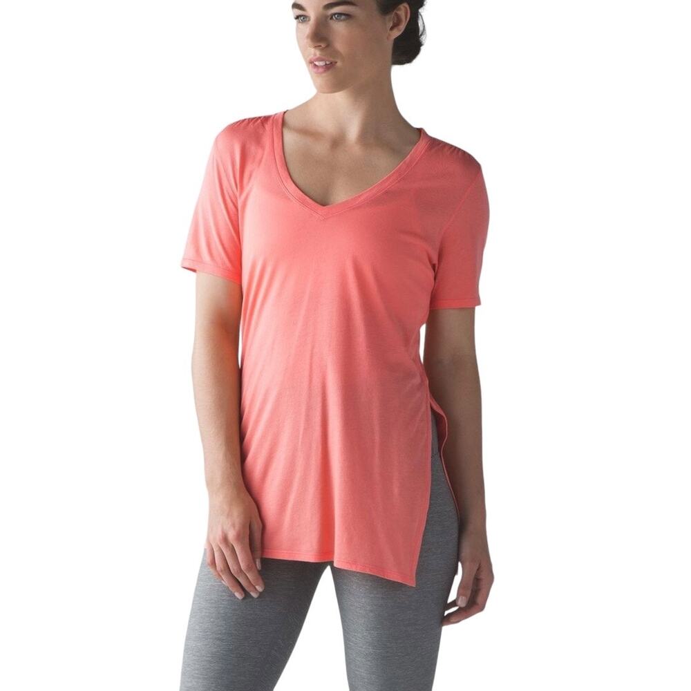 Lululemon Zen Bender Short Sleeve T-Shirt Top Sunny Coral Cotton Side Slit 6
